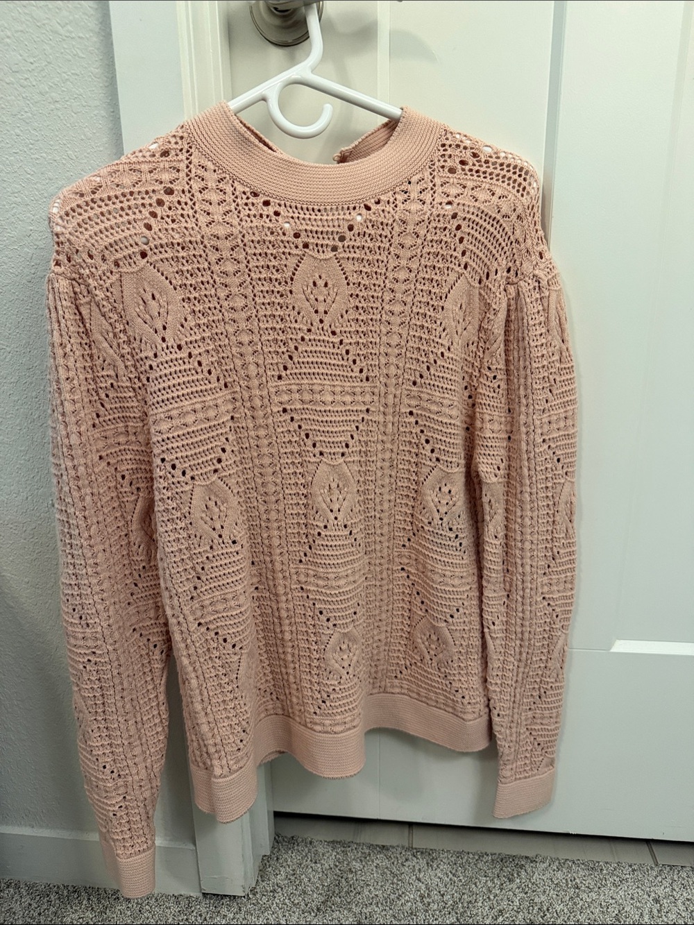 White House Black Market Dusty Blush Openwork Crochet Crewneck Sweater